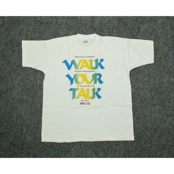 Vintage 90s Fruit Of The Loom Walk Your Talk Christian Graphic Tee Shirt XL - Picture 3 of 10